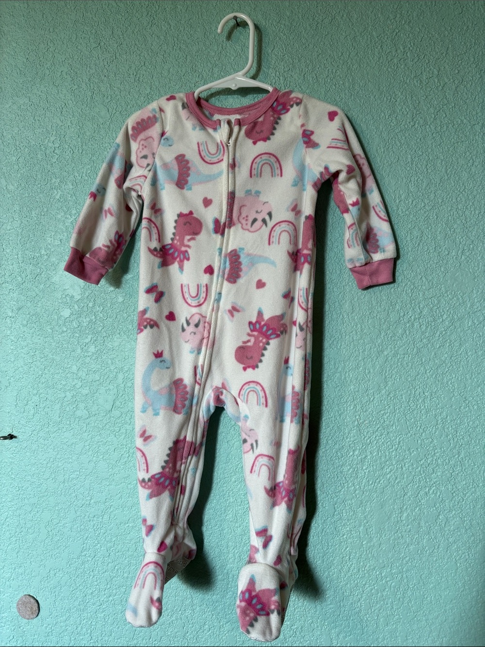 Ballerina Pink Dinosaur Kids Headquarters One Piece Fleece Pajamas 18 m Like New